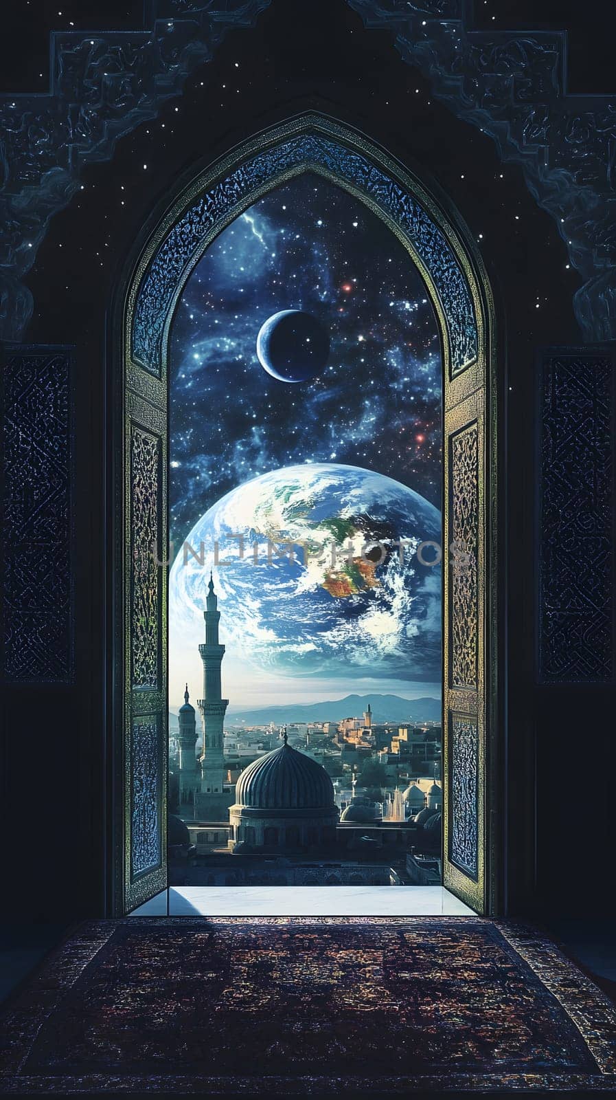 A mystical doorway reveals a cosmic view of Earth and the universe.