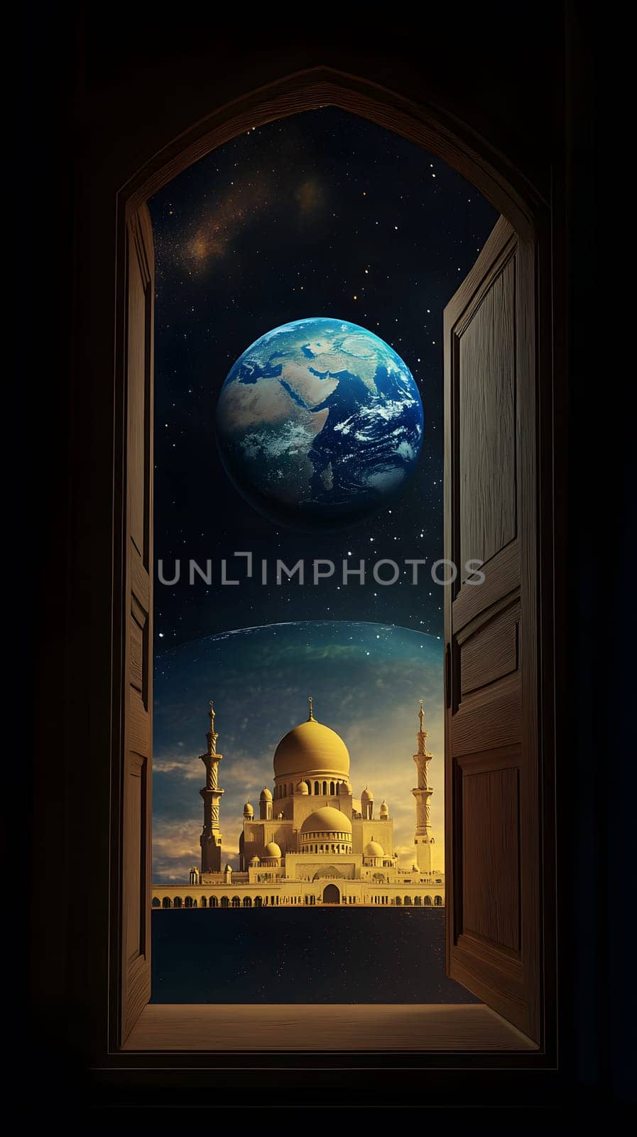 A mystical doorway reveals Earth and a grand architectural structure.