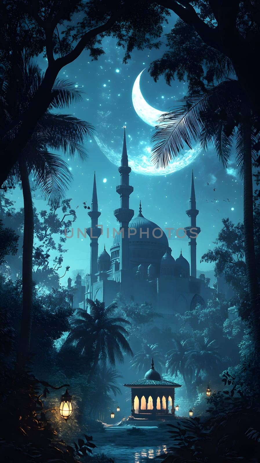 A mystical night scene featuring a mosque under a crescent moon.
