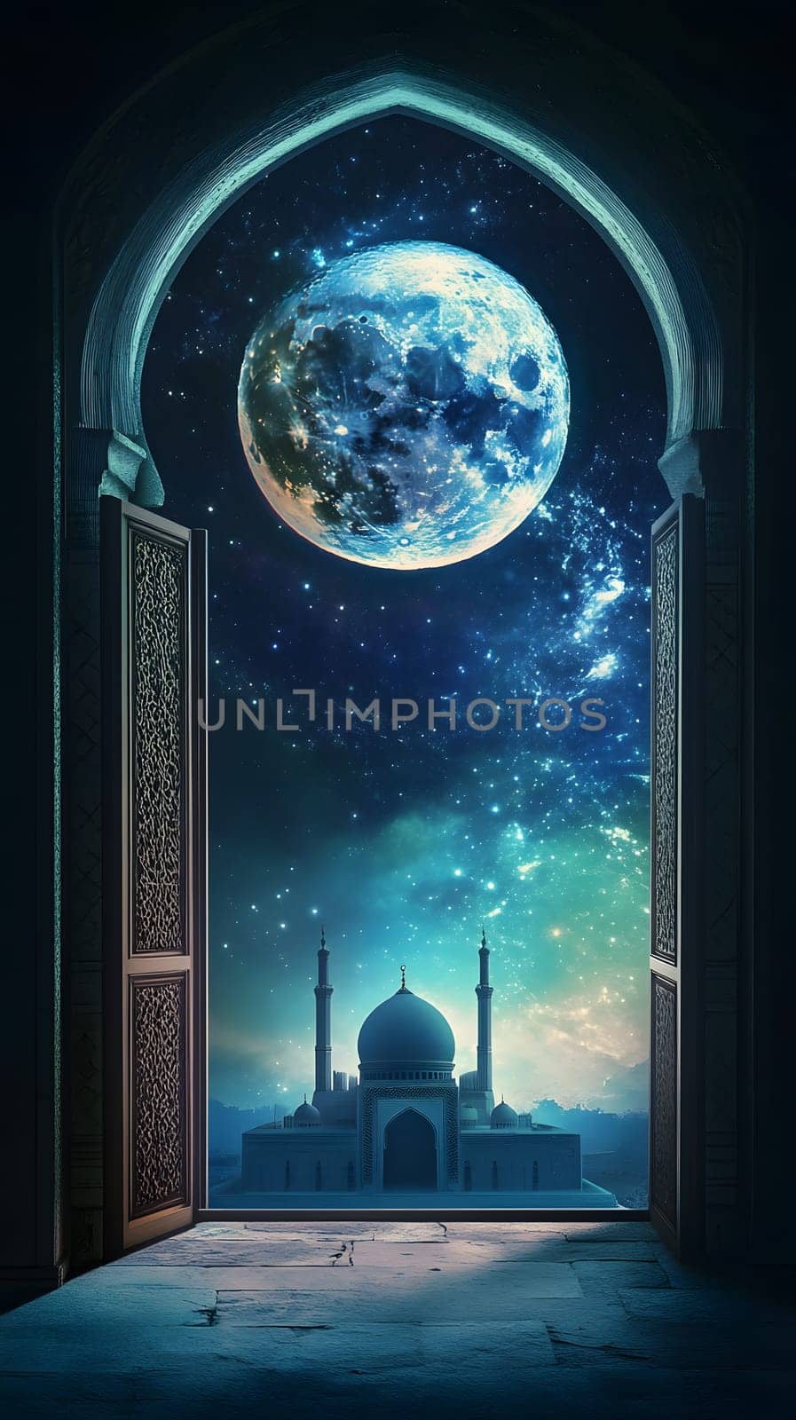 A mystical view of a mosque under a vibrant, celestial sky.