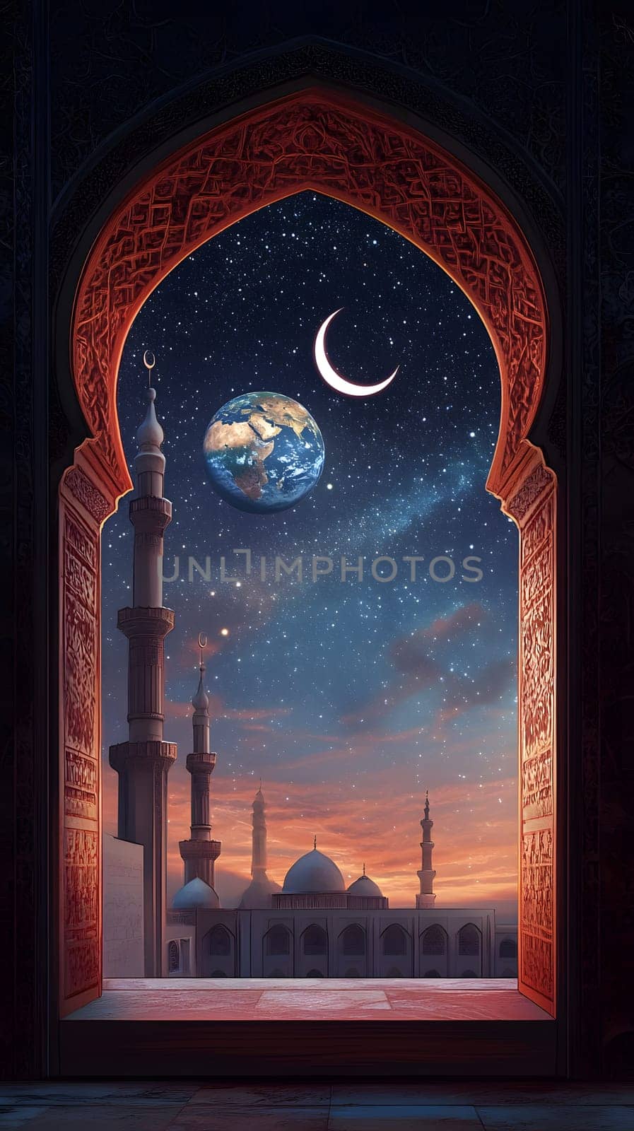 A mystical view of Earth from an ornate archway under a crescent moon.