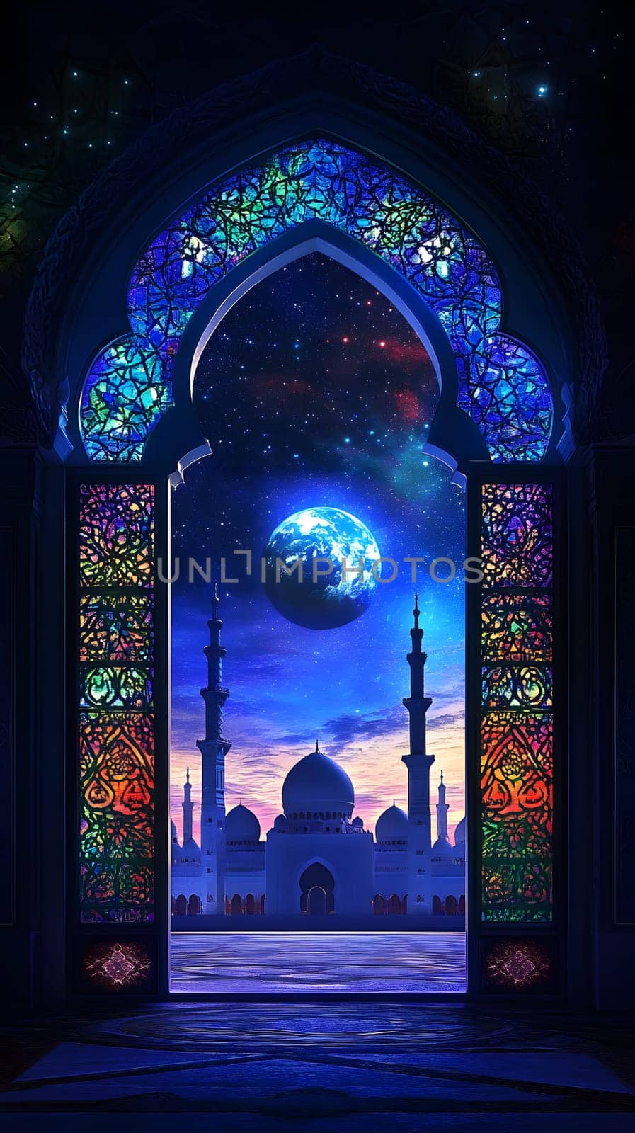 A mystical view through a stained-glass archway into space.