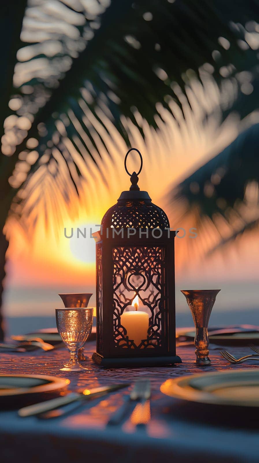 A romantic dinner setting with a candle lantern at sunset.