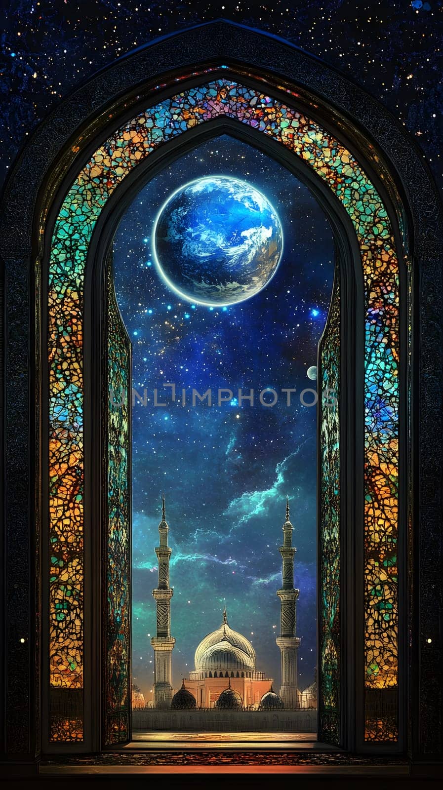 A mystical window view of a mosque under a starry sky and moon.