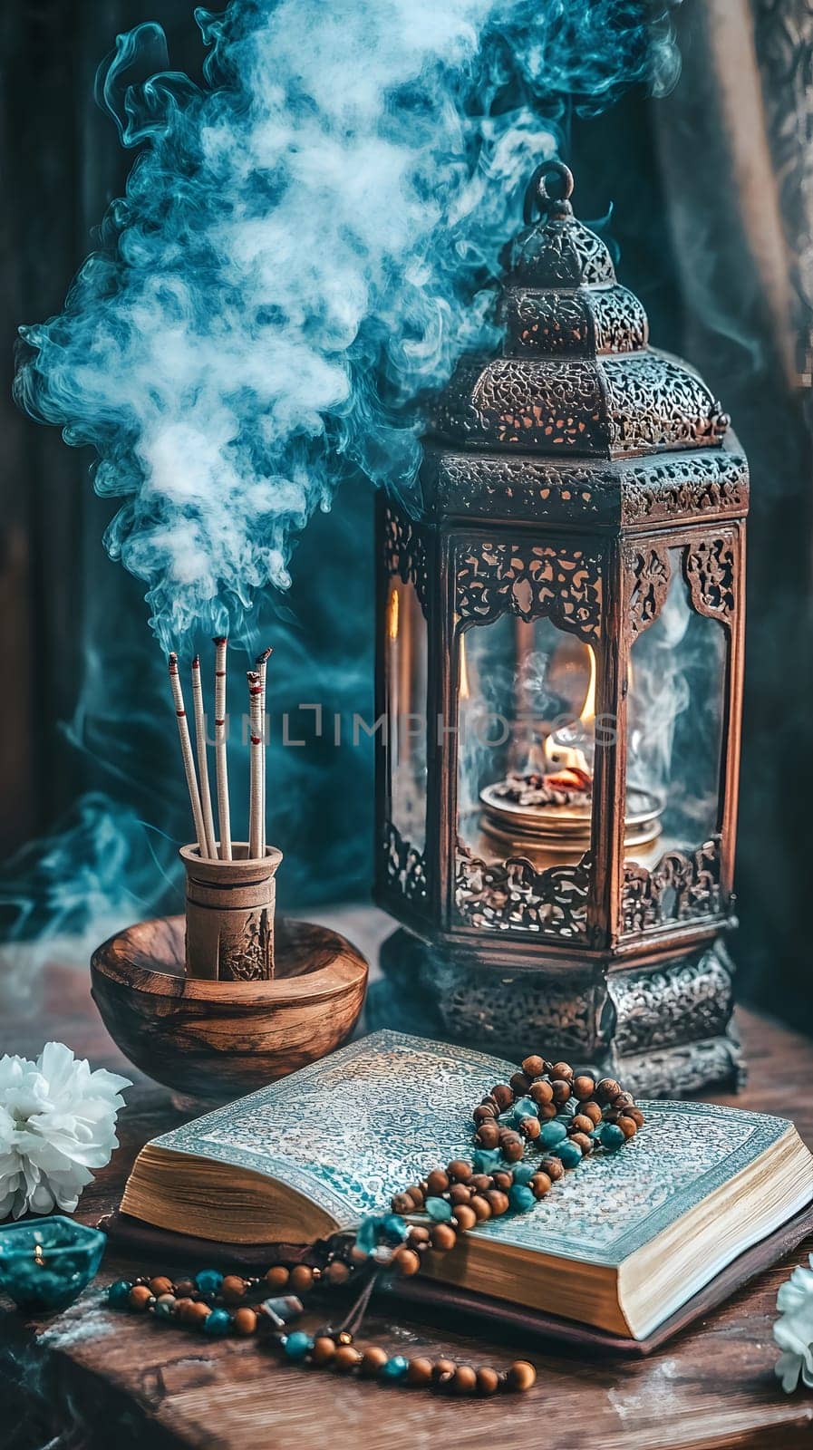 A serene arrangement of incense, lantern, and a prayer book.