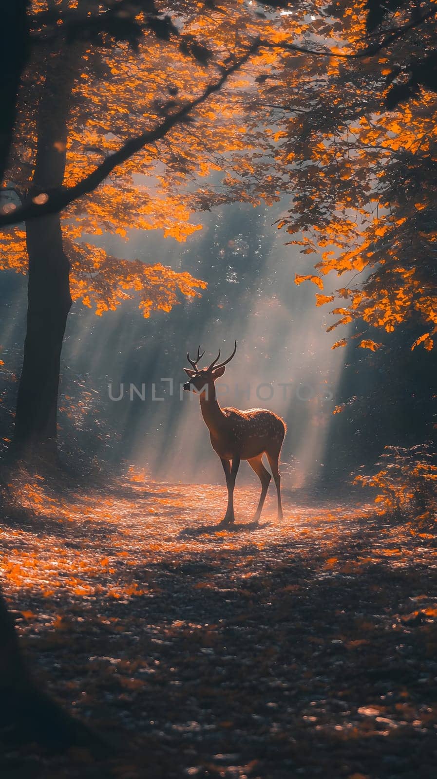 A serene deer stands in a sunlit forest with autumn foliage.