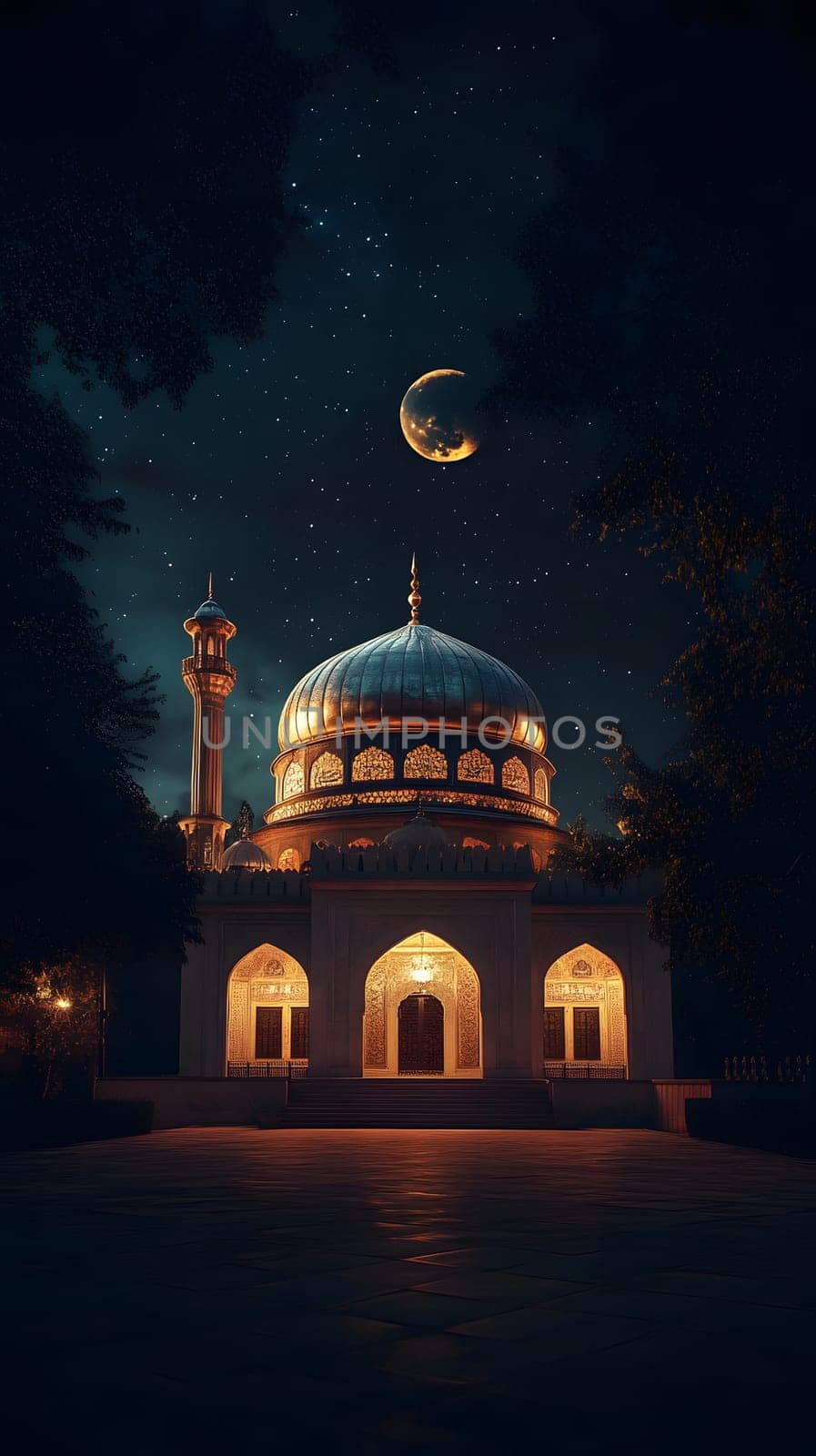 A serene mosque illuminated at night under a crescent moon.