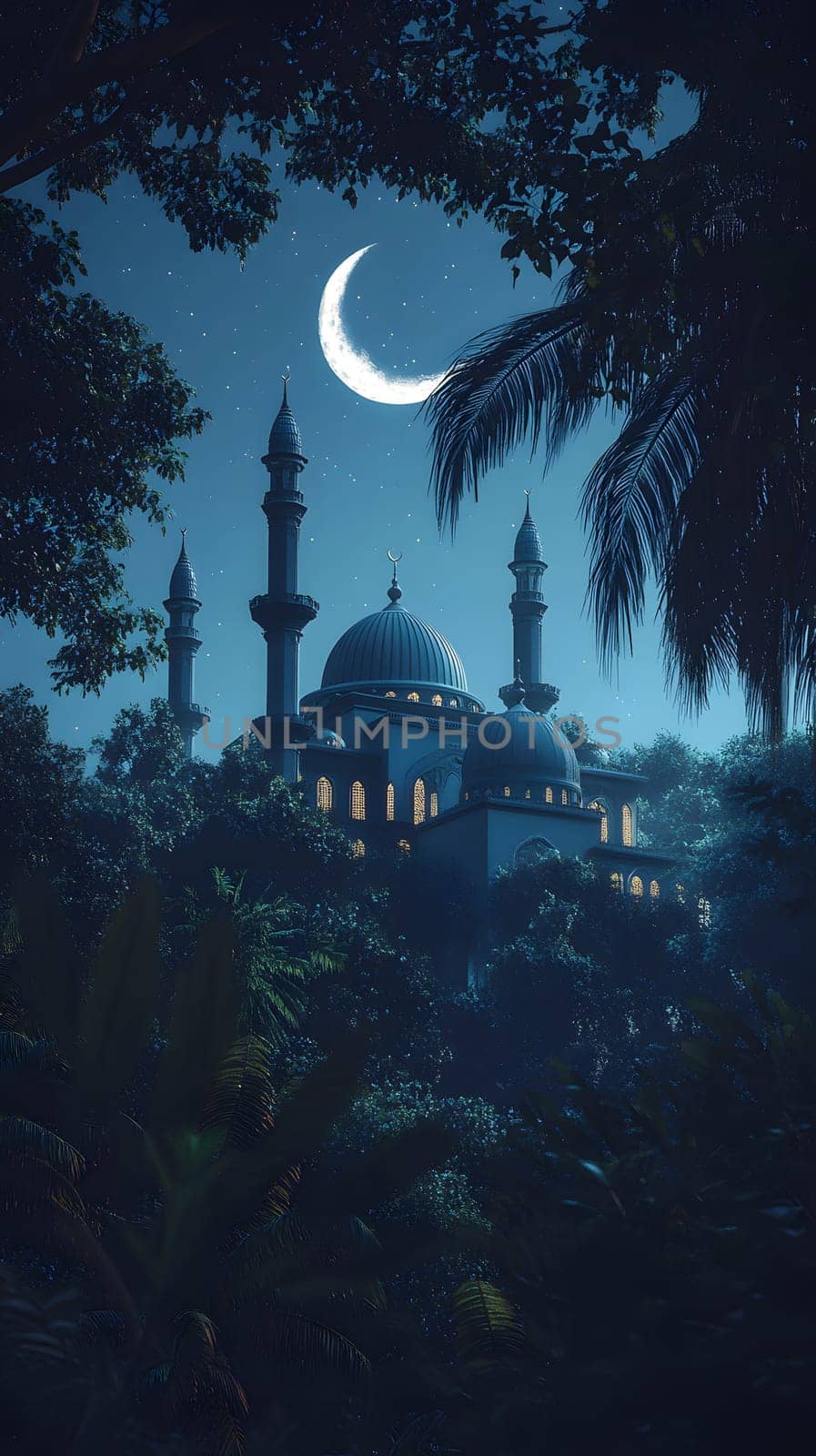 A serene mosque illuminated at night under a crescent moon.