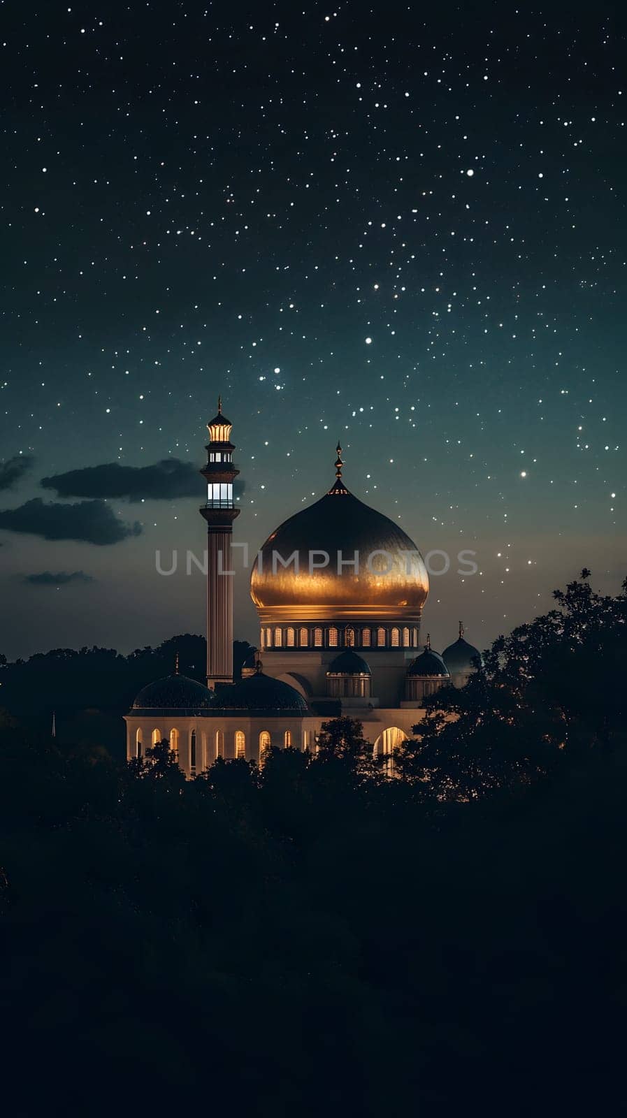 A serene mosque illuminated under a starry night sky.
