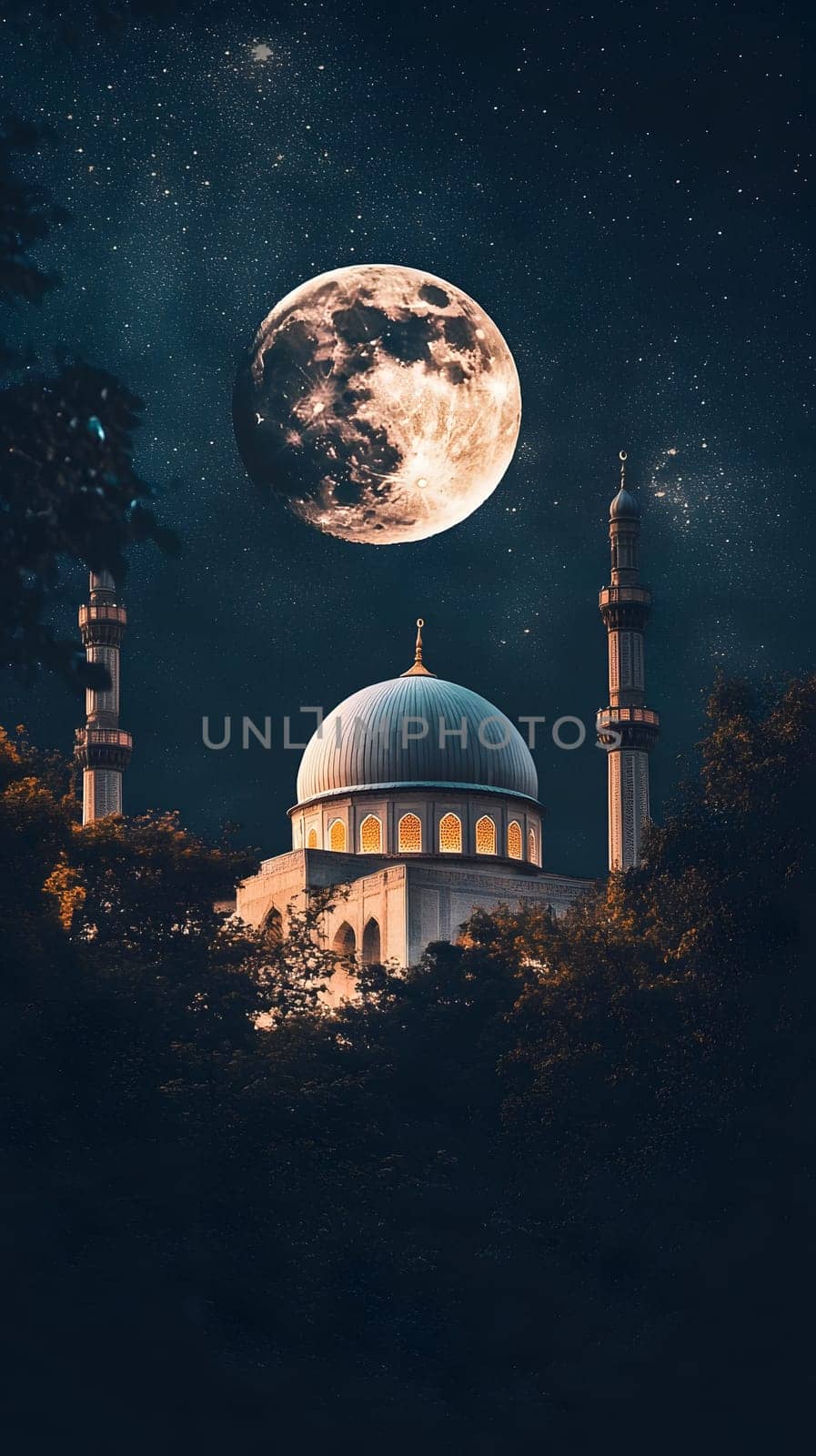 A serene night scene featuring a mosque under a bright moon.