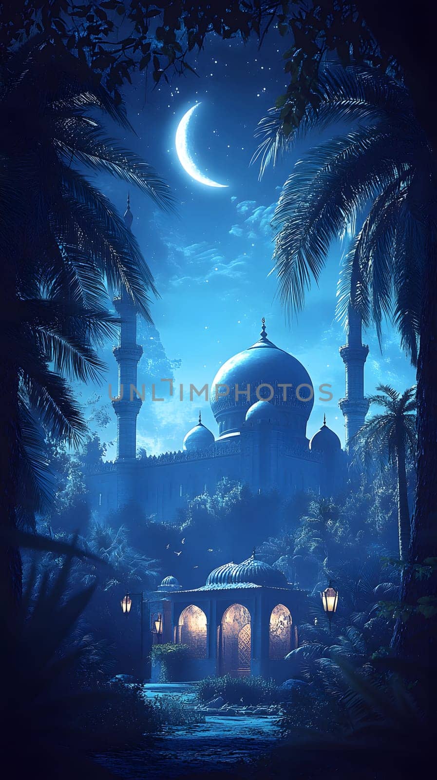 A serene night scene featuring a mosque under a crescent moon.