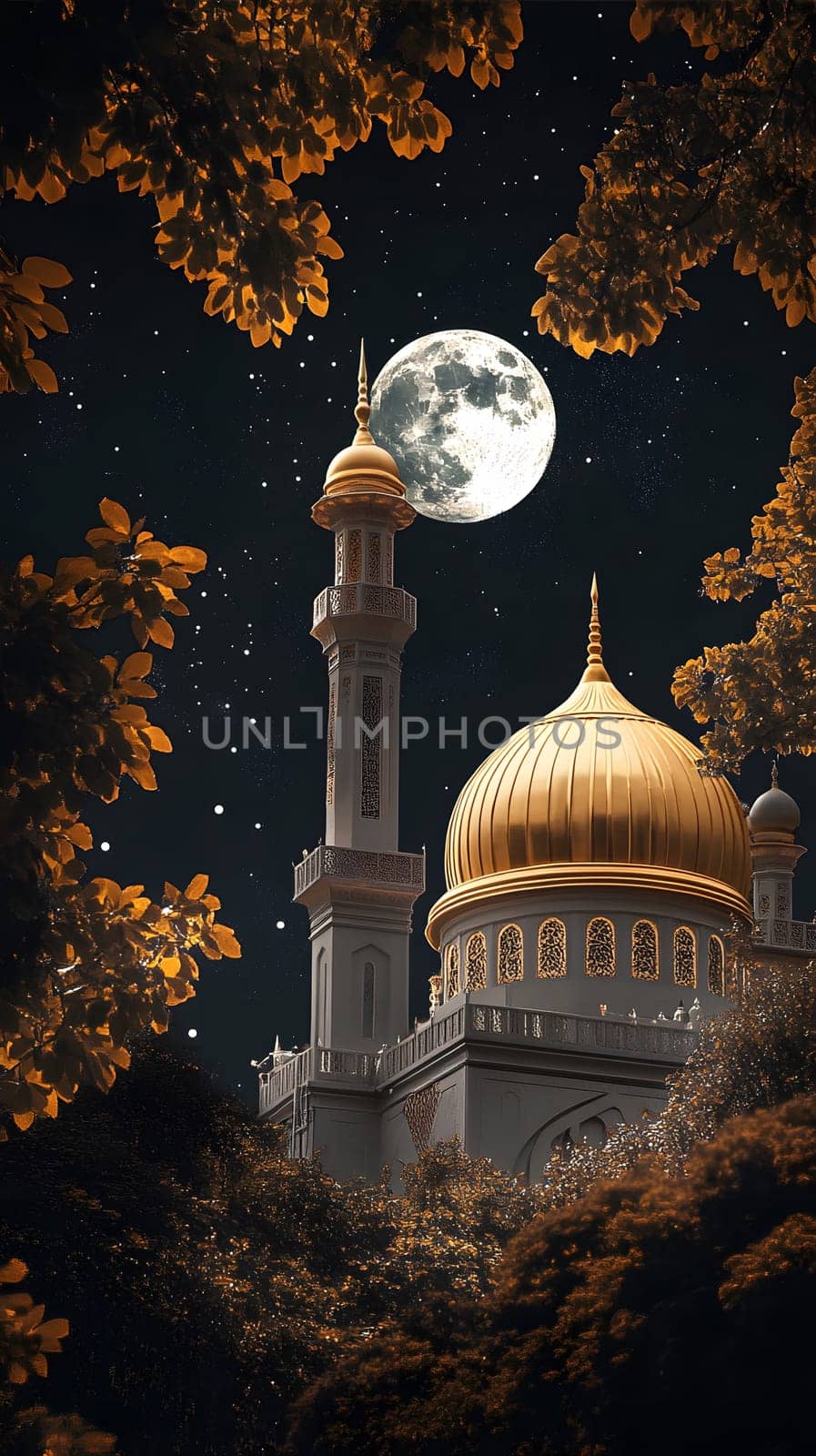 A serene night scene featuring a mosque under a full moon.