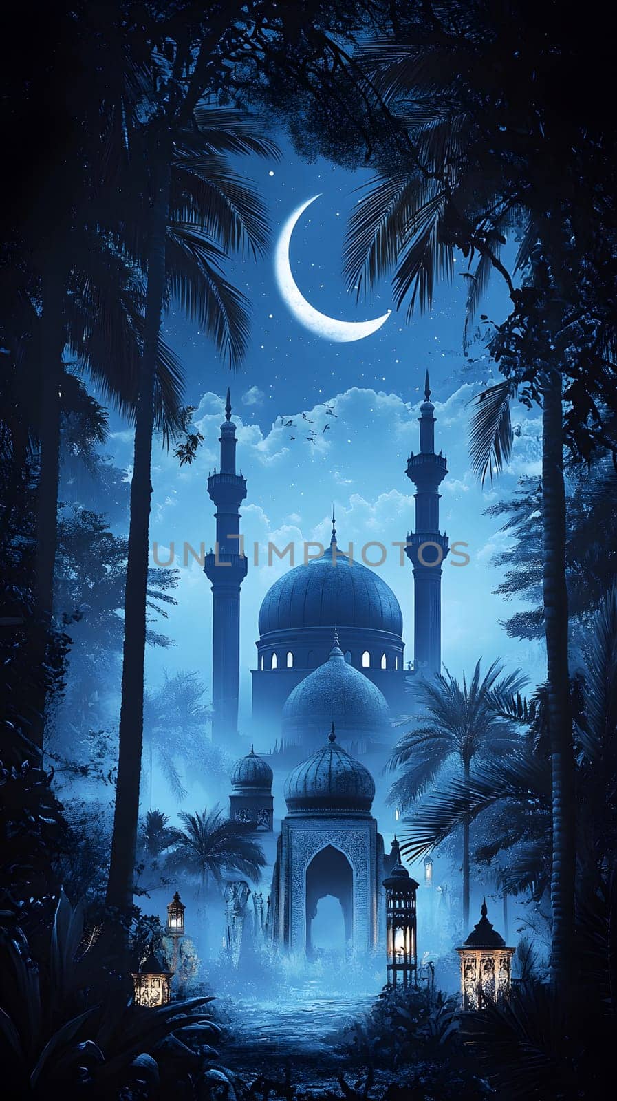 A serene night scene featuring a mosque with a crescent moon.