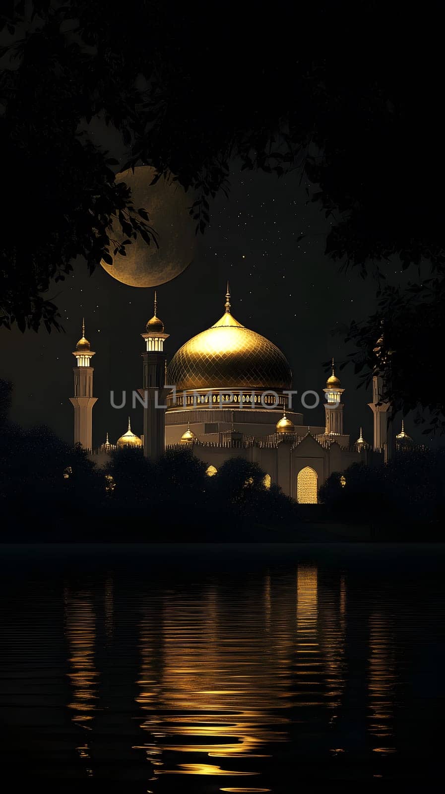 A serene night view of a majestic golden-domed structure.