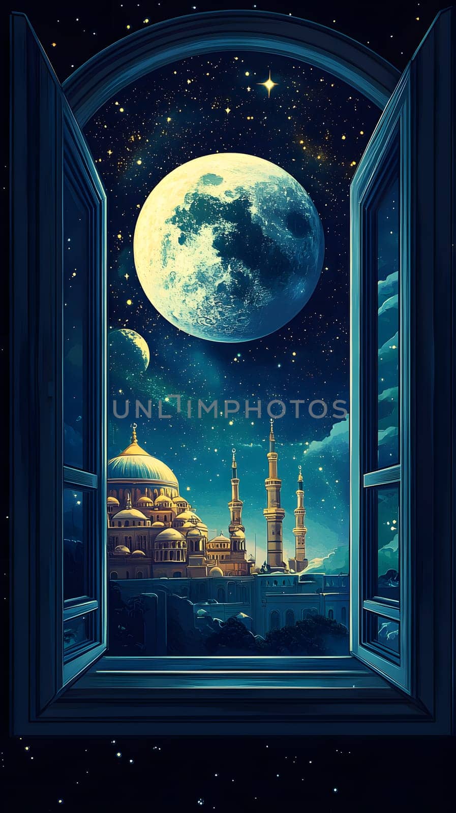 A serene night view through a window showcasing a moonlit landscape.