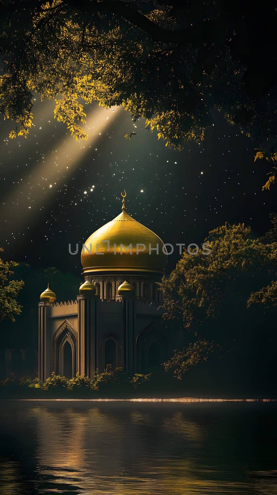 A serene scene featuring a golden-domed structure by a tranquil lake.
