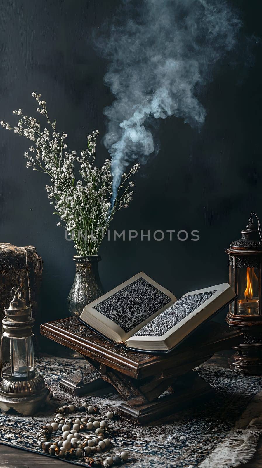 A serene scene featuring an open book, flowers, and smoke.