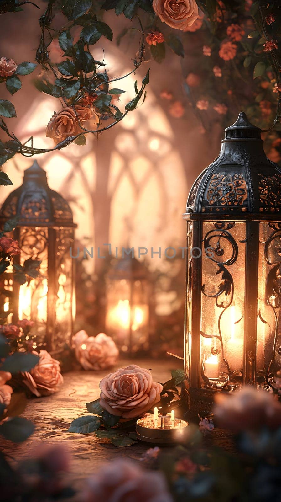 A serene scene with glowing lanterns and blooming roses.