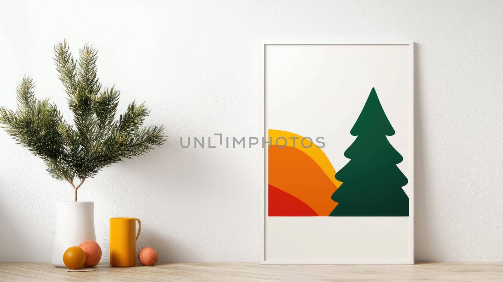 A modern art print featuring green tree and abstract shapes in warm colors, perfect for home decor