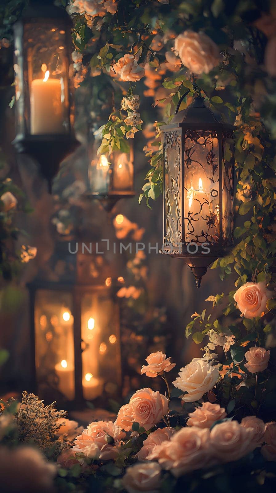 A serene scene with lanterns and blooming roses, evoking tranquility.
