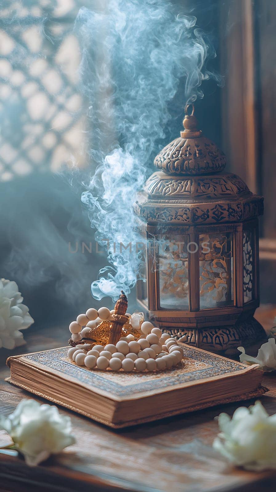 A serene scene with incense, prayer beads, and a lantern.