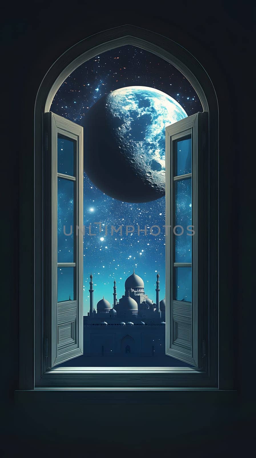 A serene window view of a cosmic landscape with a moonlit night.