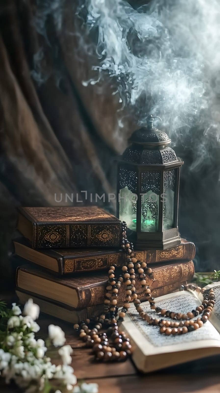 A tranquil scene with books, a lantern, and prayer beads.
