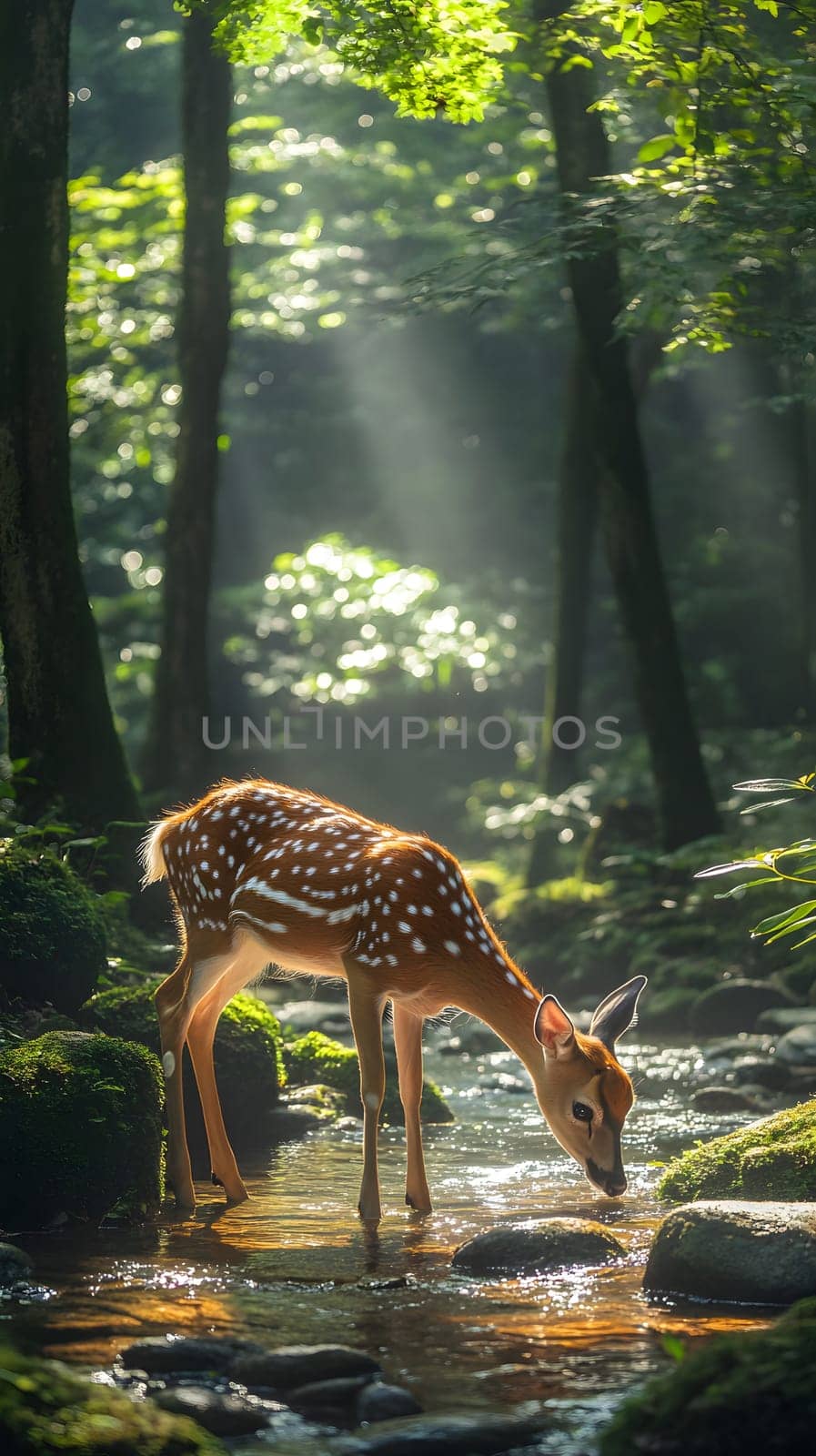 A young deer drinking from a stream in a sunlit forest.