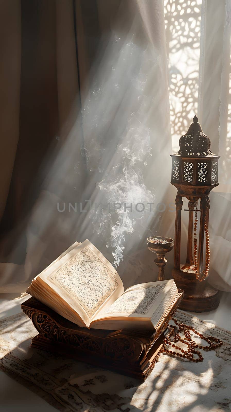An open book beside a lantern, illuminated by soft sunlight.
