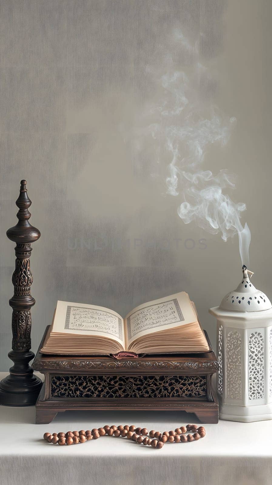 An open book with incense and prayer beads, symbolizing spirituality.