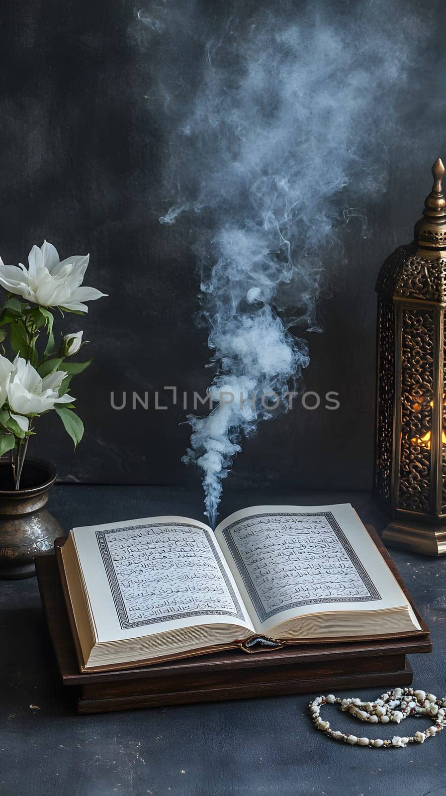An open book with smoke rising, surrounded by flowers and lantern.