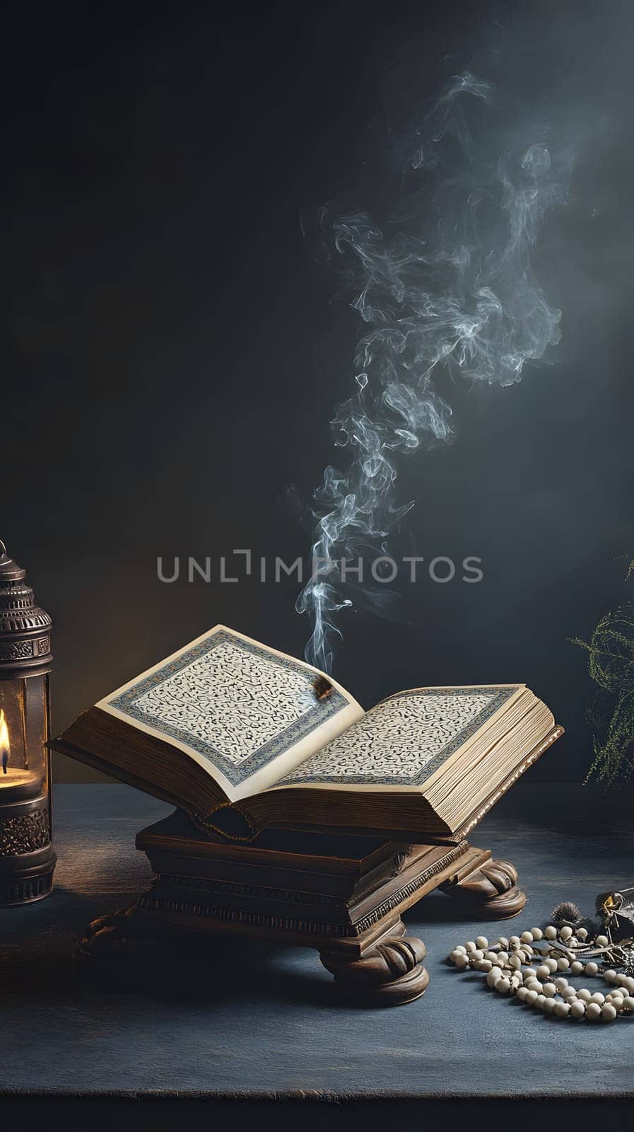 An open book with smoke, lantern, and jewelry, evoking mystery.