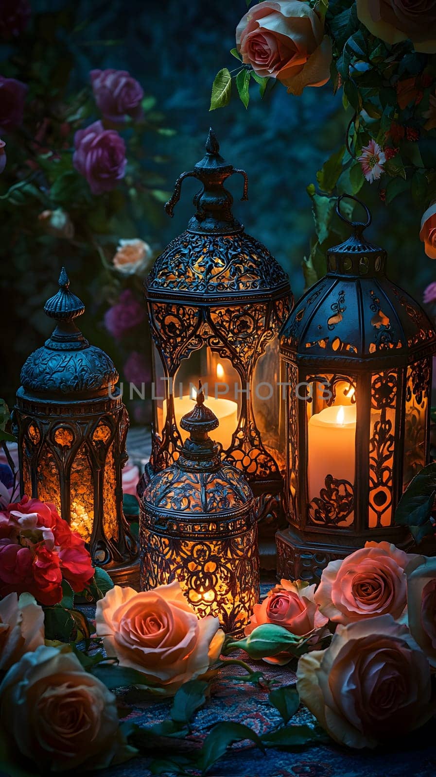 Decorative lanterns surrounded by roses create a serene ambiance.