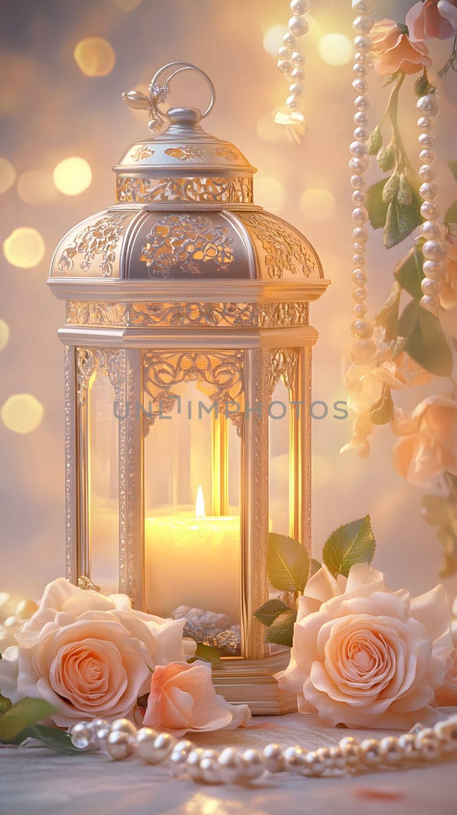 Elegant lantern with candle surrounded by roses and pearls.