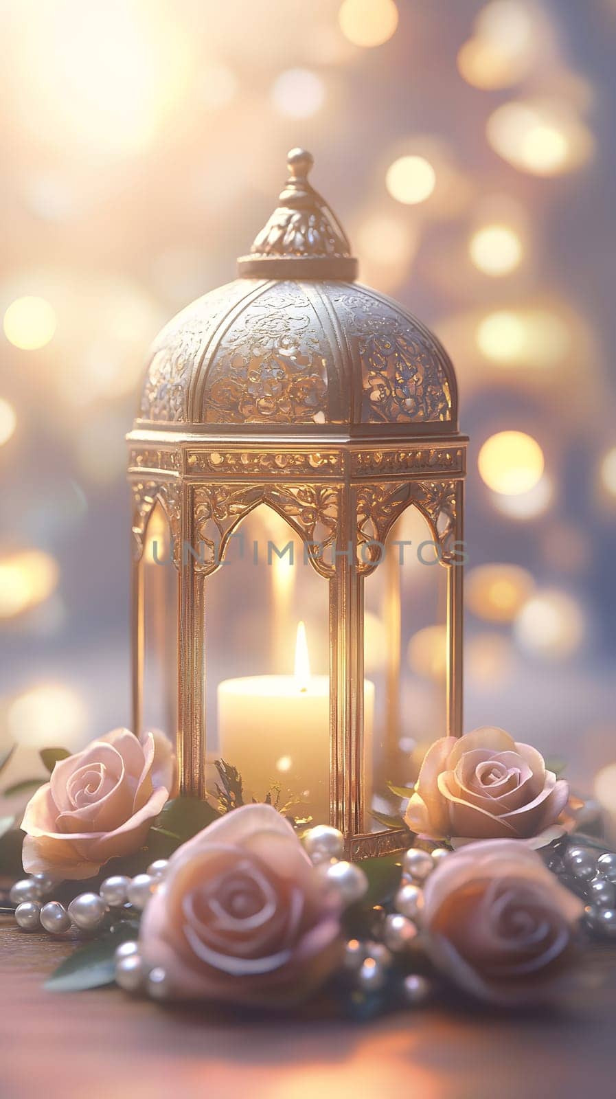 Elegant lantern with candle surrounded by roses and pearls.