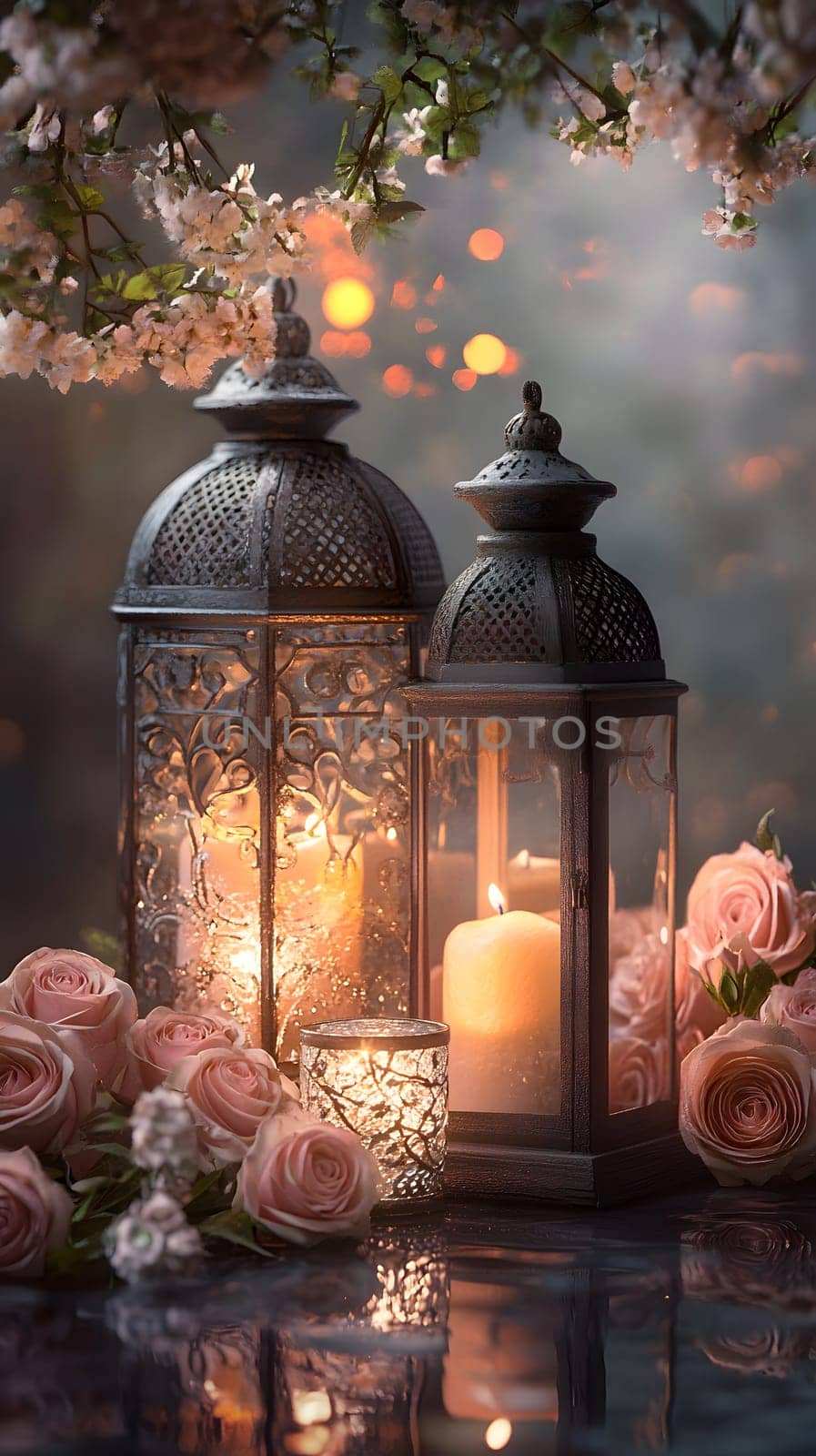 Elegant lanterns surrounded by roses create a romantic ambiance.