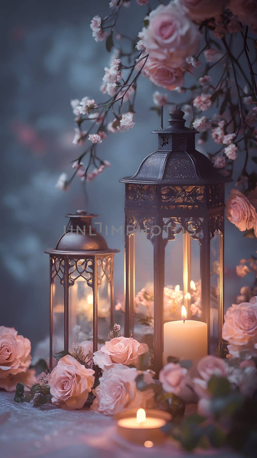Elegant lanterns surrounded by soft pink roses and candles.