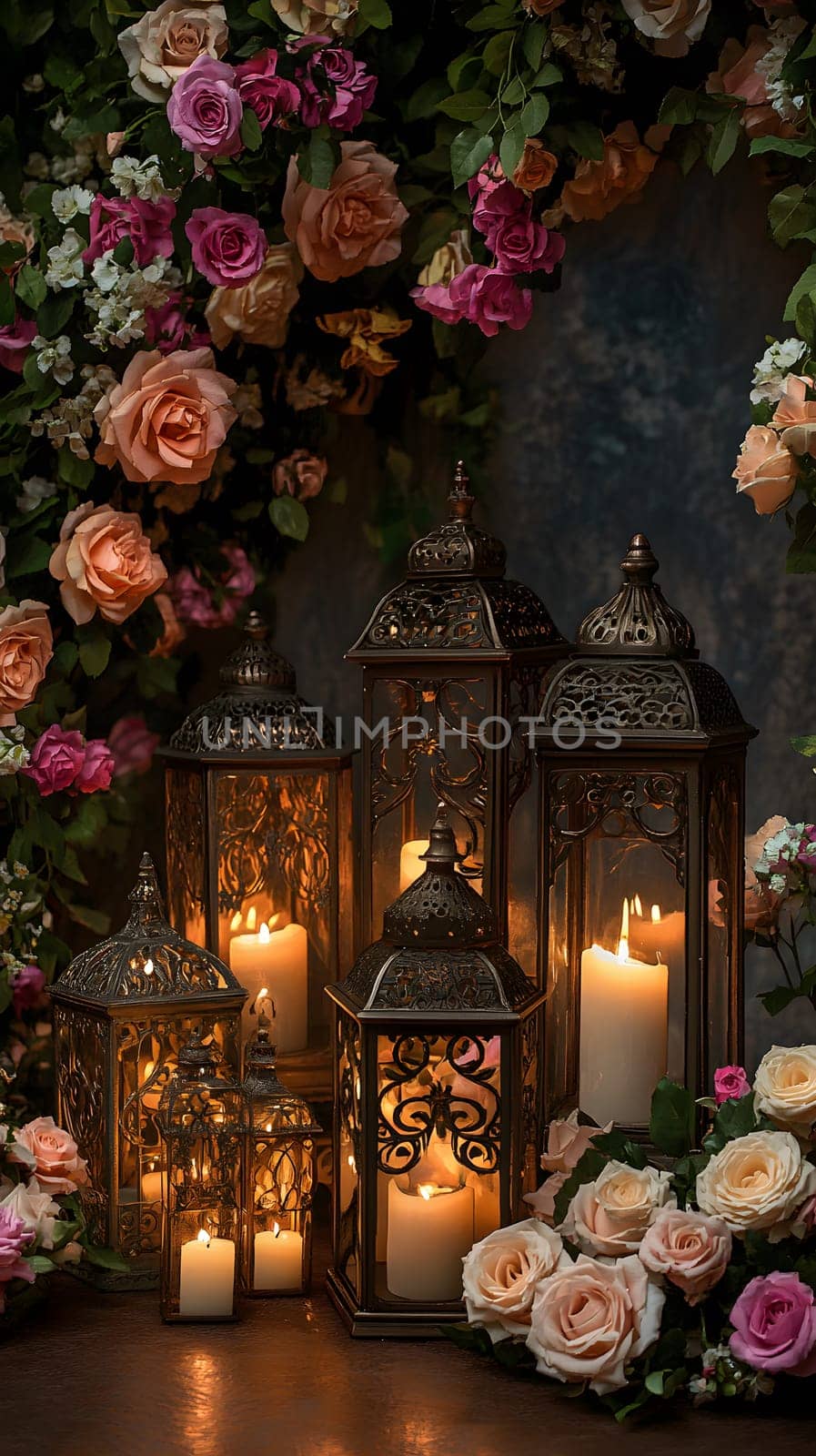Elegant lanterns surrounded by vibrant flowers create a serene ambiance.