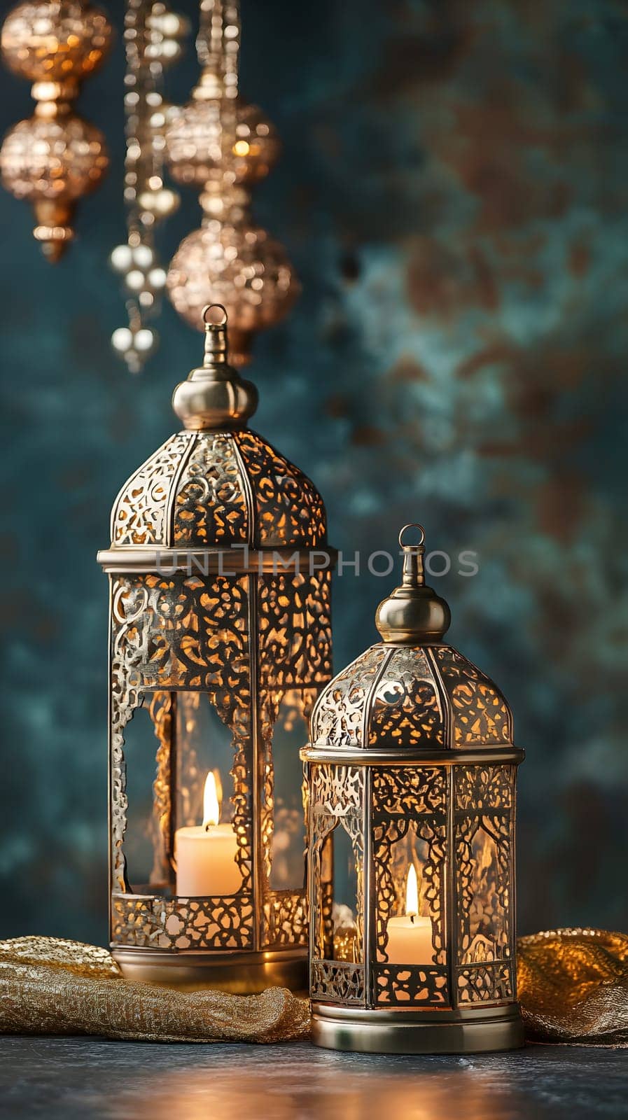 Elegant lanterns with candles, creating a warm, inviting atmosphere.