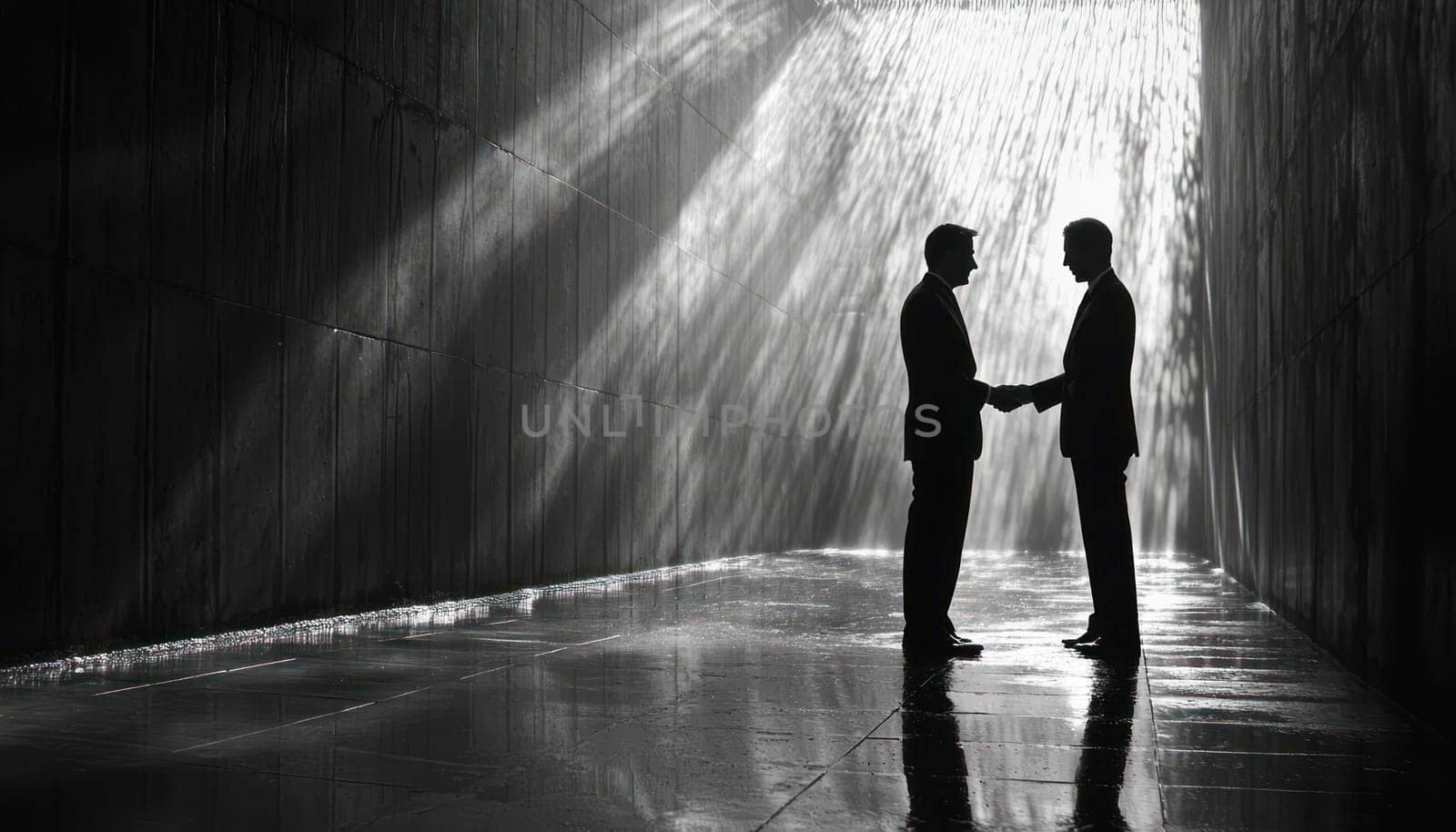 A Businessperson shaking hands with manager in dramatic setting, conveying trust and partnership