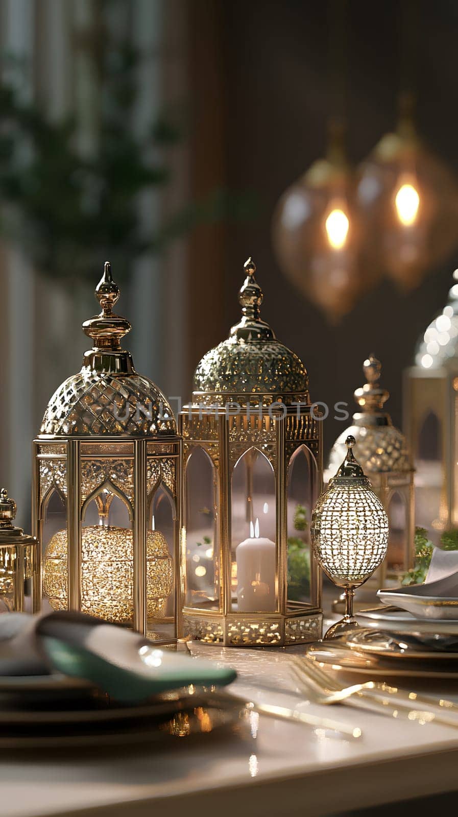 Elegant table setting with decorative lanterns and candles.
