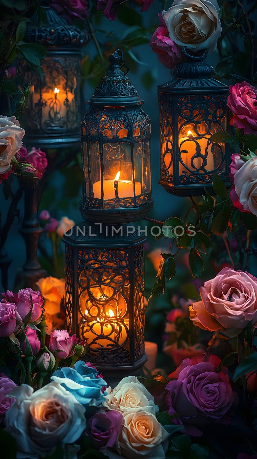 Lanterns glowing among vibrant roses create a serene ambiance.