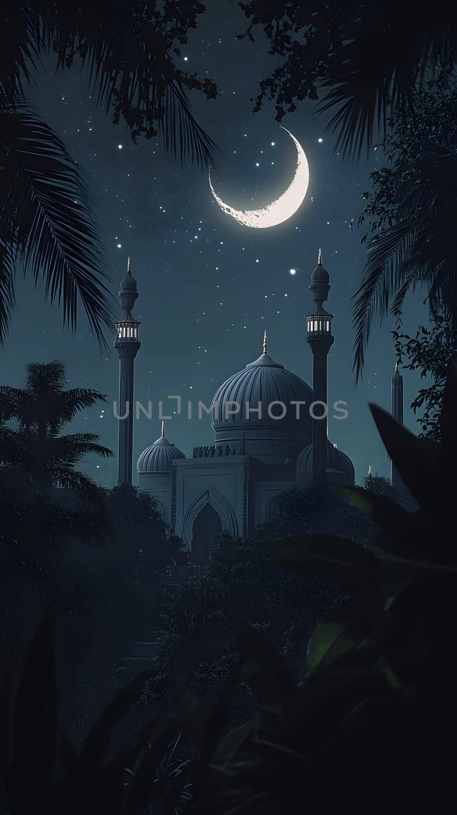 Night scene featuring a mosque with a crescent moon backdrop.