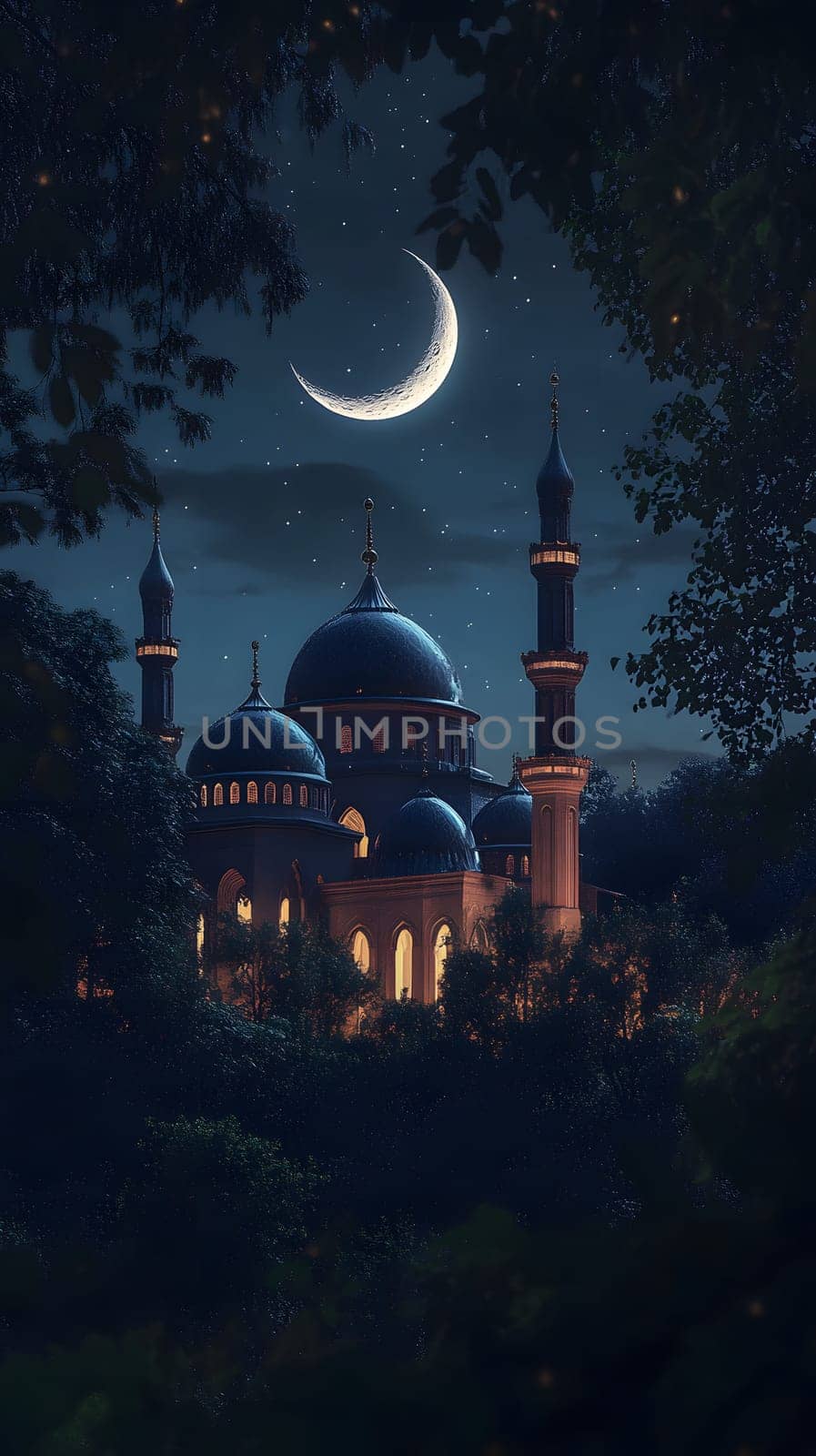 Nighttime view of a mosque with a crescent moon in the sky.