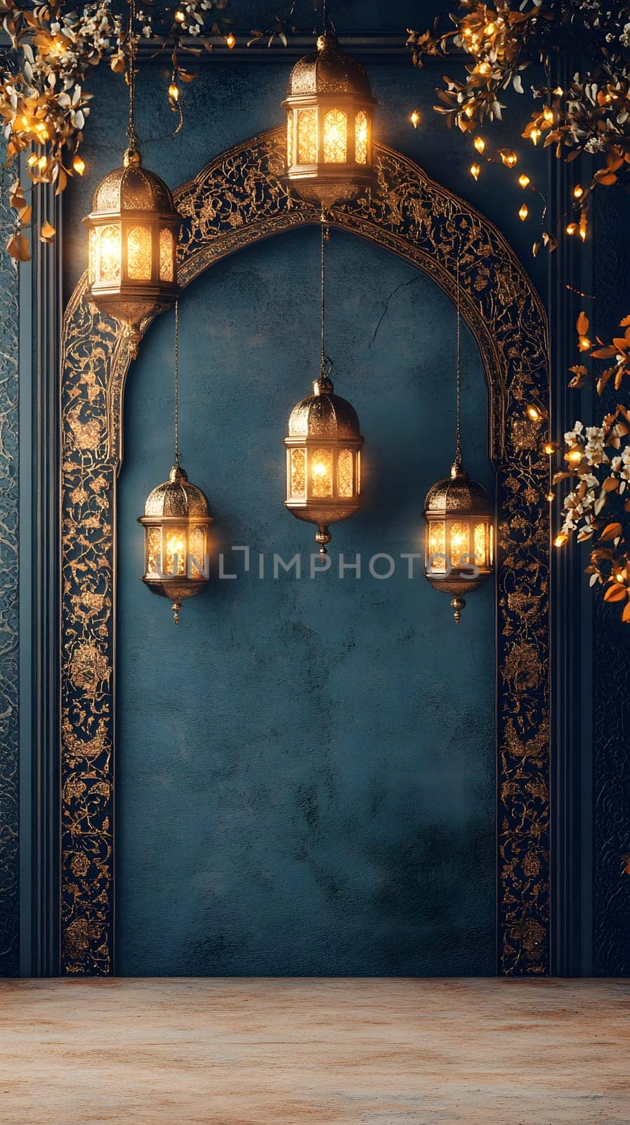 Ornate archway with hanging lanterns in a decorative setting.