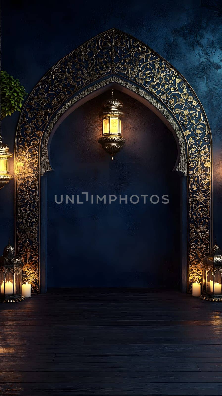 Ornate archway with lanterns against a dark blue backdrop.