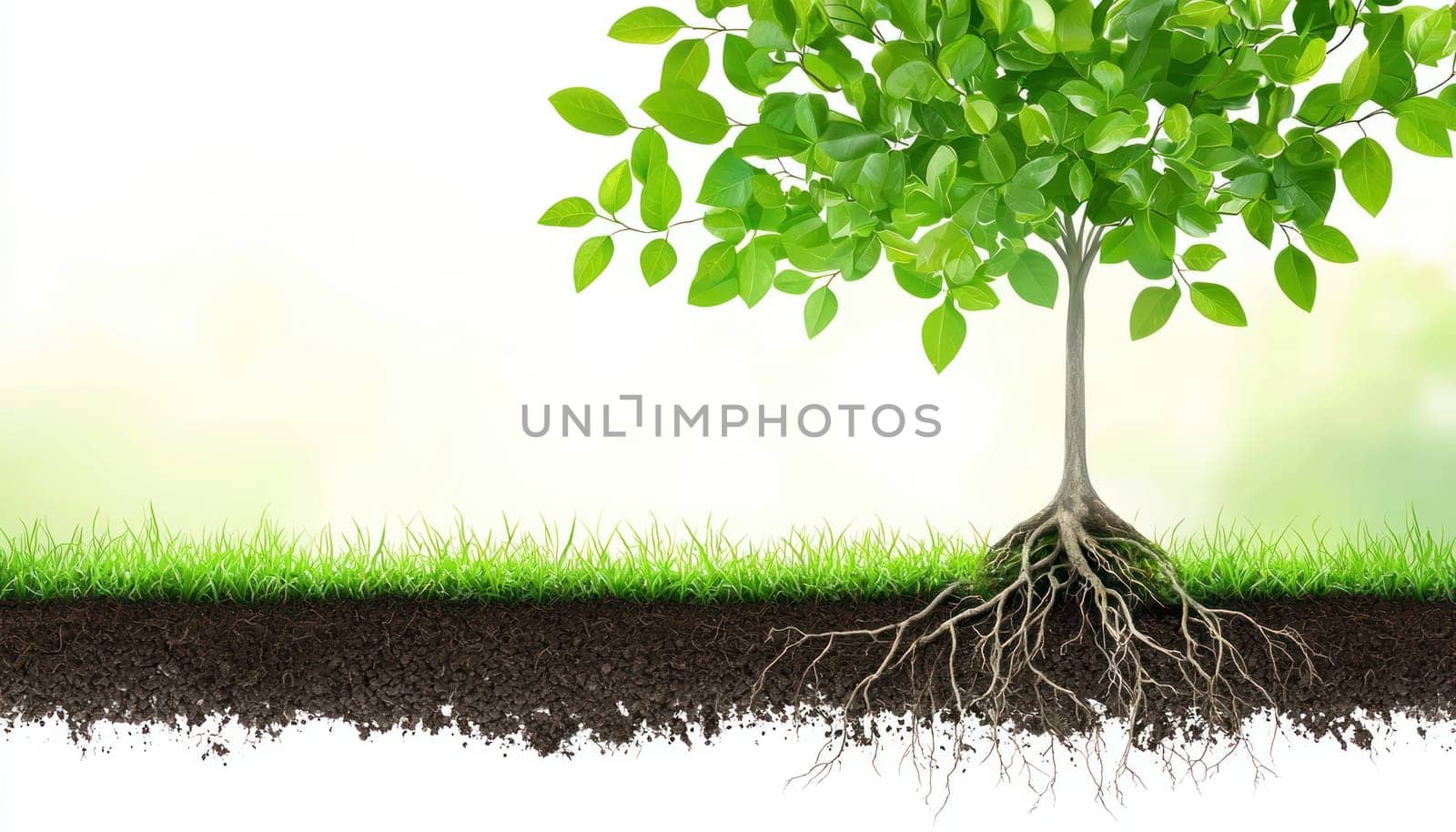 A stylized image of growing plant with roots, showcasing vibrant green leaves and rich soil, symbolizing life and growth