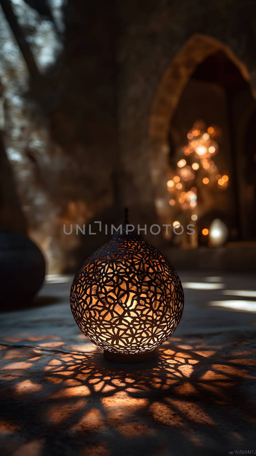 Ornate lantern casting intricate shadows in a dimly lit space.