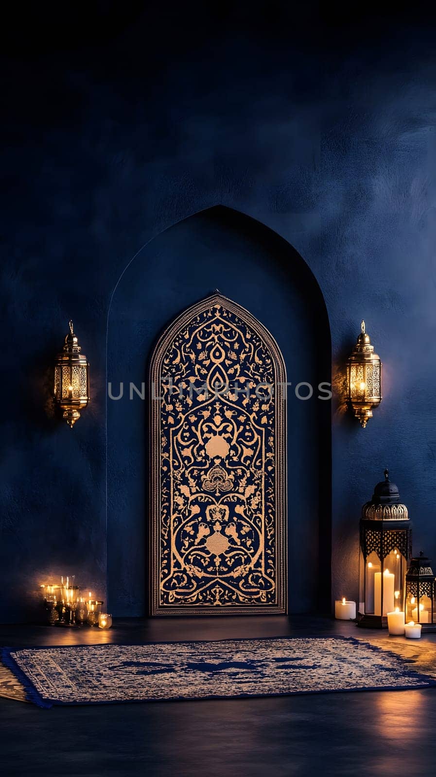 Ornate door with candles and decorative elements in a dim setting.