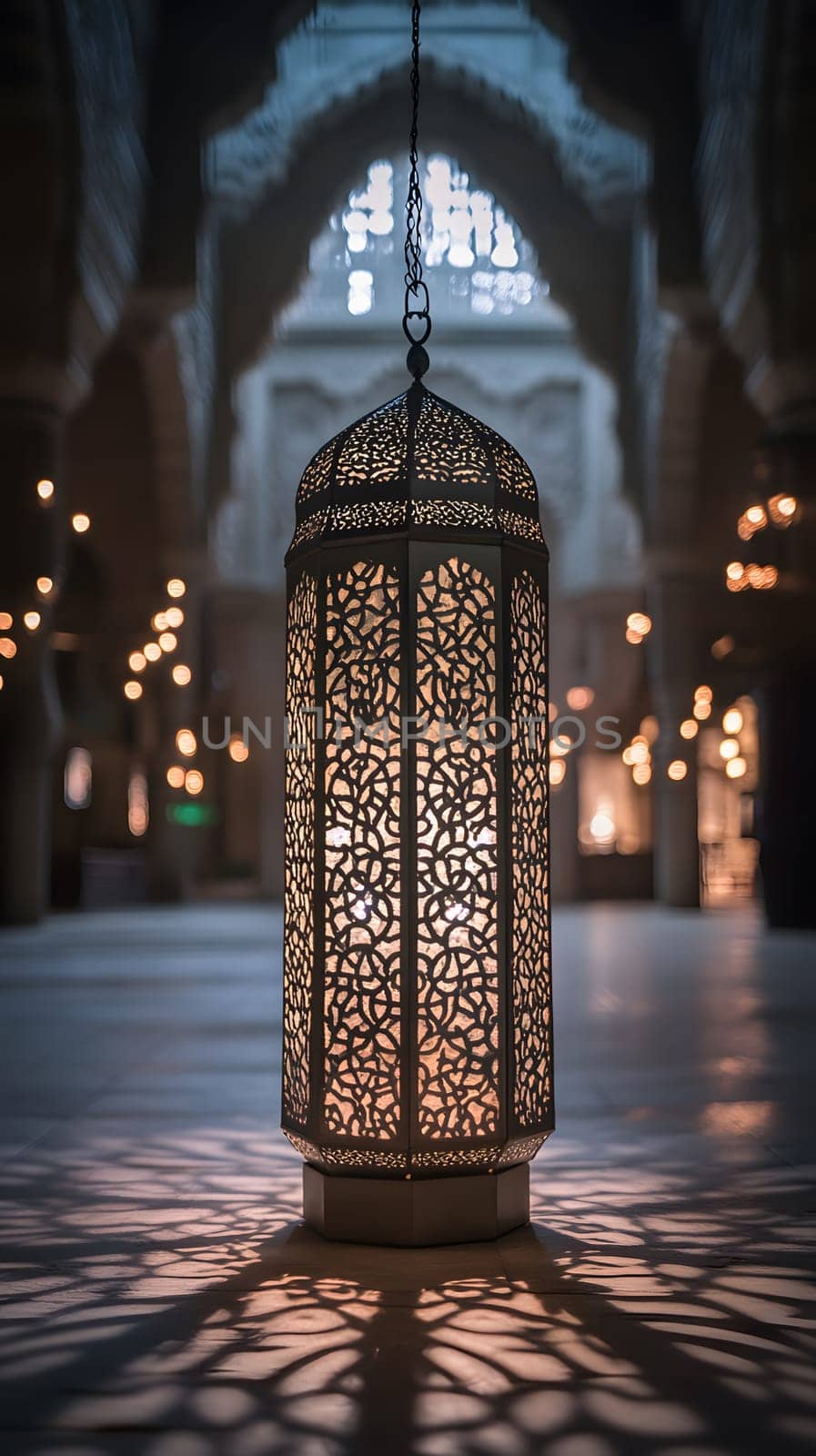 Ornate lantern casting intricate shadows in a grand architectural space.